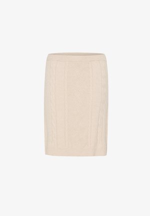 Kootud kreemjas seelik, millel on tekstuuriga nöörmustrit ja soonikuga vöökoht. Keskmise pikkusega disain pakub kehakumerust.