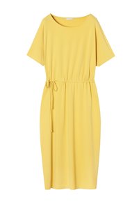 Gelbes kurzärmliges Kleid aus weicher Baumwolle, mit einem runden Halsausschnitt und einem verstellbaren Kordelzugbund für eine lässige Passform.