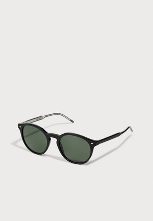 Lunettes de soleil noires avec des lentilles vertes, de forme arrondie, et des accents métalliques sur les branches, dotées d'une monture en plastique lisse et d'arêtes distinctives.