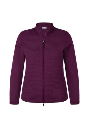 Purple knitted cardigan with a high collar, full zip front, and two front pockets. Features ribbed texture and accent stitching.