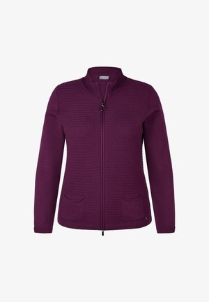 Purple knitted cardigan with a high collar, full zip front, and two front pockets. Features ribbed texture and accent stitching.
