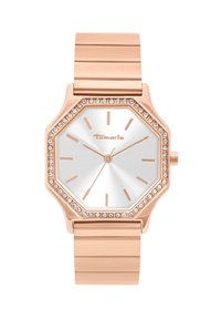 Roségoldenes achteckiges Armbanduhren mit silbernem Zifferblatt, Kristallakzenten rund um die Lünette und einem Metallgliederarmband mit polierter Oberfläche.