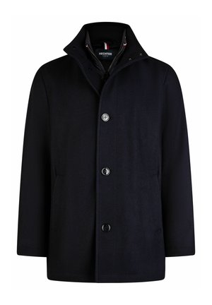 Cappotto in misto lana blu navy con colletto alto, sei bottoni frontali, tasche laterali e un sottile dettaglio di rivestimento interno.