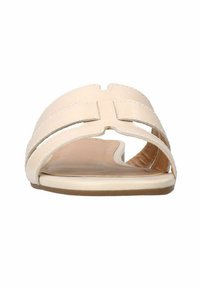 Sandale à glisser beige avec deux sangles horizontales et un design découpé. Tige en synthétique lisse, semelle plate avec un coussin de pied légèrement texturé.