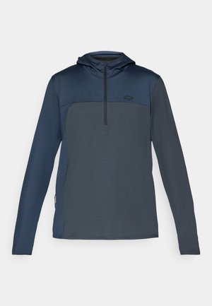 Pullover blu navy a maniche lunghe con cappuccio, dotato di design con mezza zip, tessuto testurizzato e pannelli a contrasto sulla parte superiore del petto.