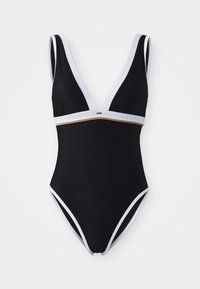 Maillot de bain une pièce noir avec décolleté en V profond, accents blancs et dorés, fines bretelles et jambes échancrées. Fabriqué en tissu extensible et lisse.