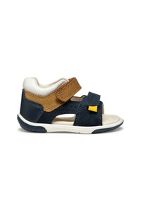 Sandalias para niños en ante azul marino y marrón claro con acentos blancos, que cuentan con doble correa de Velcro, diseño abierto y una plantilla texturizada en beige.