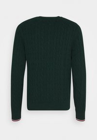 Pull à manches longues en maille torsadée vert foncé avec des poignets côtelés ornés de fines rayures rouges et blanches, vu de dos.