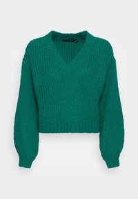 Teal verkürzter Pullover mit V-Ausschnitt, gerippter Textur und leicht puffierten langen Ärmeln. Hergestellt aus einem groben Strickmaterial.