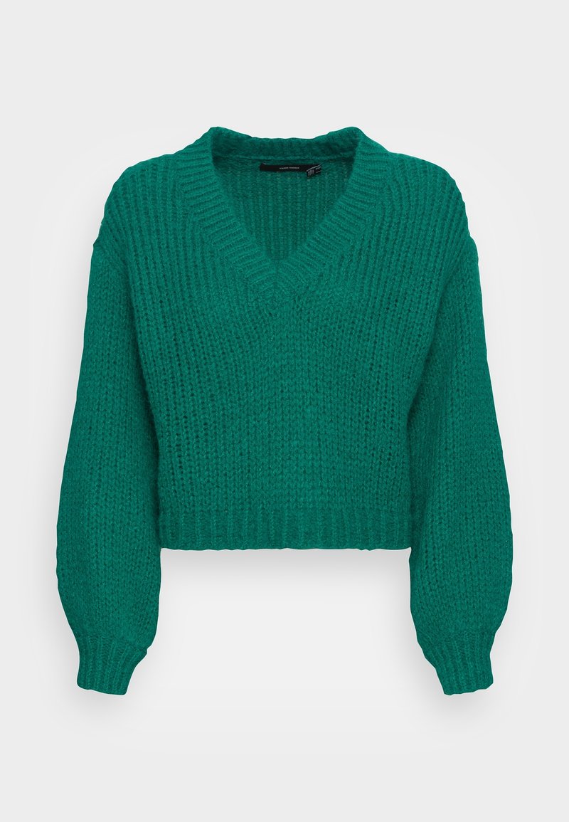 Teal verkürzter Pullover mit V-Ausschnitt, gerippter Textur und leicht puffierten langen Ärmeln. Hergestellt aus einem groben Strickmaterial.