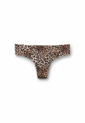 Leopard print thong made from soft fabric. Features a low-rise design with wide sides. Color pattern includes tan base with black and brown spots.