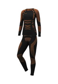 Black long-sleeve top and leggings with orange geometric patterns and textured accents, designed for active wear, made from stretchy material.