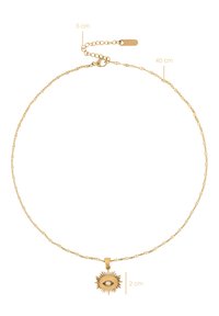 Gold-plated necklace featuring a textured chain and a sunburst pendant with an eye design, measuring 2 cm in diameter. Adjustable length of 40 cm.