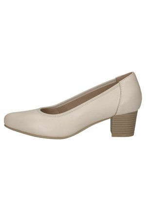 Beige leather heeled shoe with rounded toe, mid-height ribbed block heel, and smooth upper. Subtle stitching along the edges.