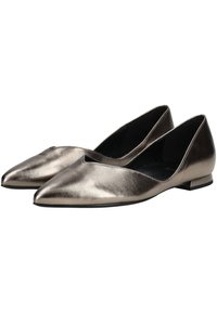 Metallic bronze flats with a pointed toe and slight cutout detail on the upper. Smooth texture and a low, square heel.