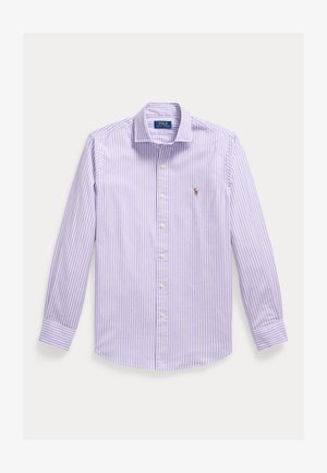 Hosszú ujjú, függőleges levendulalila és fehér csíkos, gombos ing gallérral és kis hímzett logóval a bal mellrészen.
