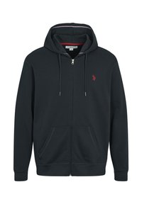 Svart zip-hoodie med framfickor, dragsko i huvan och liten röd broderad logotyp på vänster bröst.