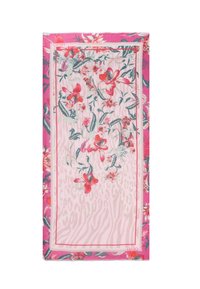 Pañuelo rectangular de seda con un patrón floral en rojo y verde azulado sobre un fondo rosa claro, bordeado con un diseño de doble trazo.