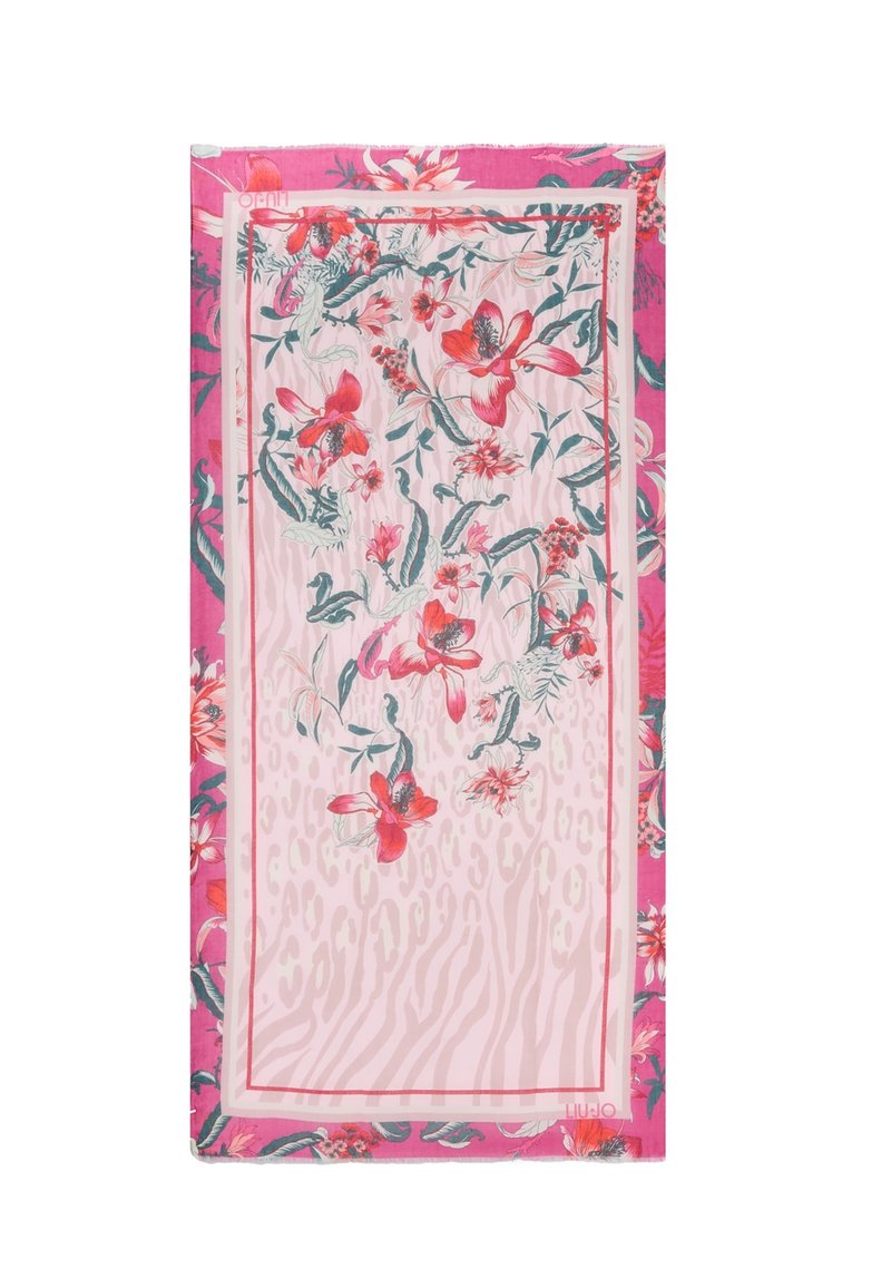 Pañuelo rectangular de seda con un patrón floral en rojo y verde azulado sobre un fondo rosa claro, bordeado con un diseño de doble trazo.