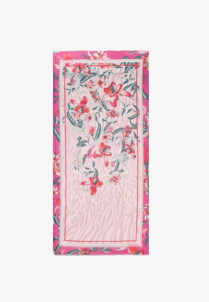 Foulard rettangolare in seta con motivo floreale in rosso e verde acqua su uno sfondo rosa chiaro, bordato con un design a doppia linea.