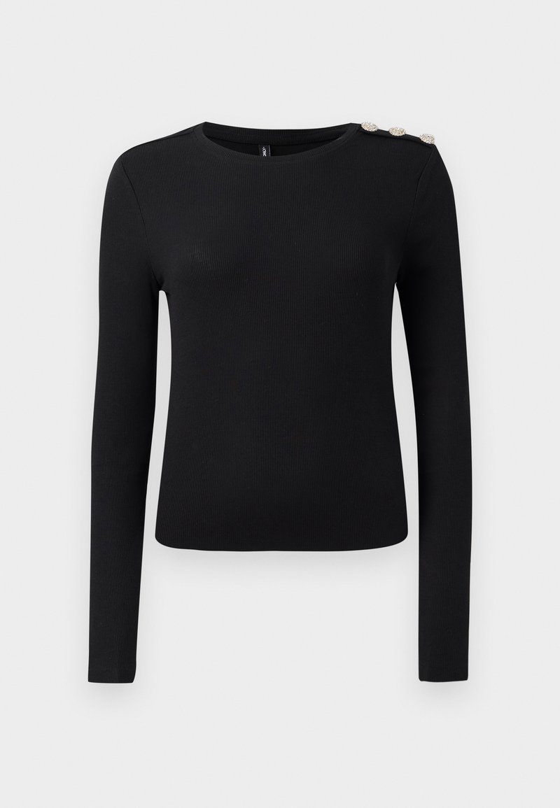 Czarna, długosleeve, prążkowana bluzka z okrągłym dekoltem i trzema ozdobnymi guzikami na lewym ramieniu, prezentująca się na jednolitym tle.