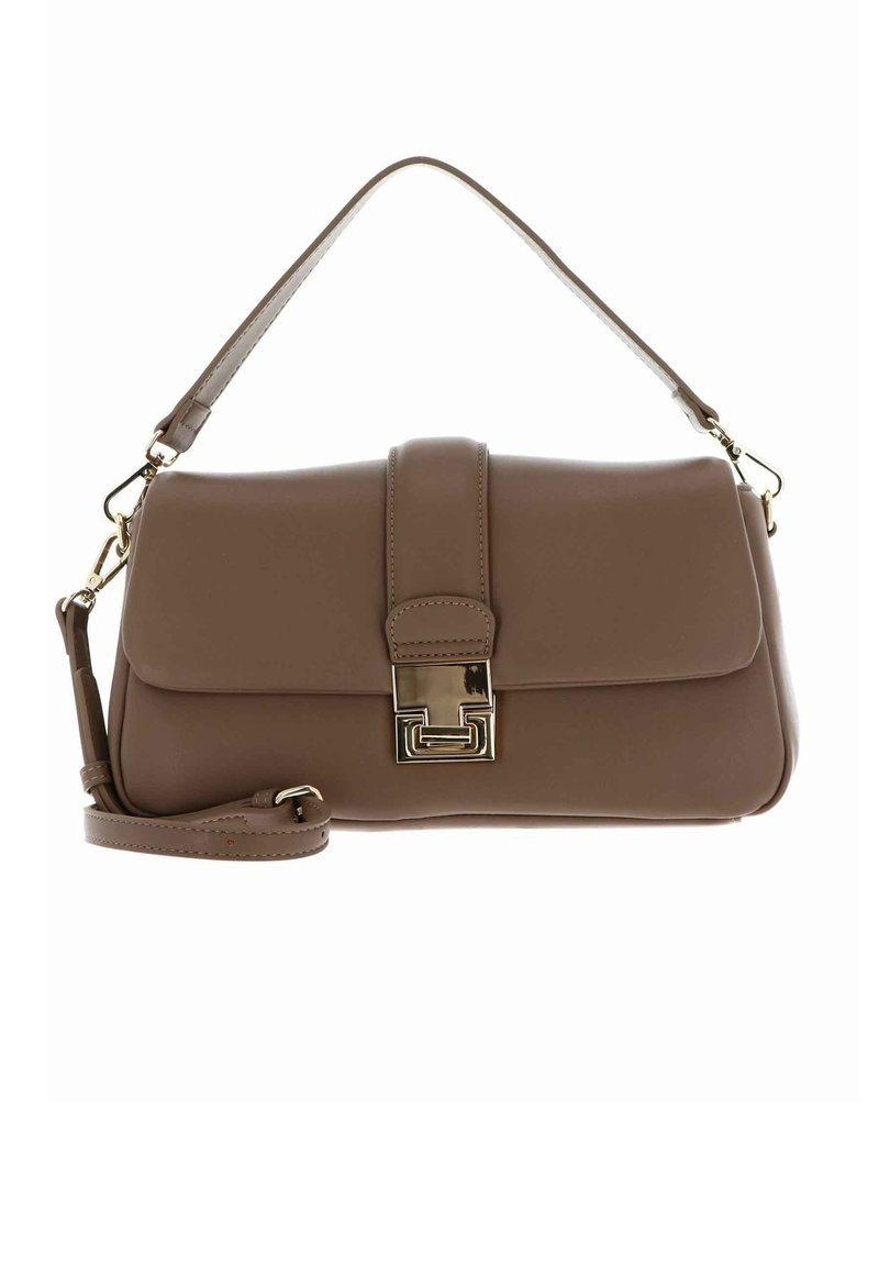 Sac à main en similicuir marron avec fermeture à rabat, quincaillerie dorée et bandoulière amovible. Texture lisse, forme rectangulaire élégante.