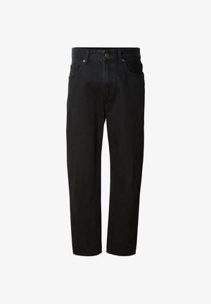 Schwarze Denim-Hose mit geradem Schnitt. Ausgestattet mit zwei vorderen Taschen, einem Knopfverschluss und Gürtelschlaufen. Glatte Textur, keine Muster.