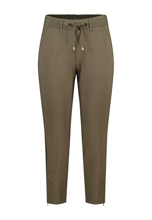 Olijfgroene joggerbroek met een elastische tailleband, trekkoord en ritsaccenten bij de enkels. Glad stof met een taps toelopende pasvorm.