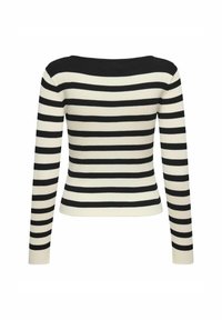 Pull en maille côtelée à manches longues, rayures horizontales noires et blanches, avec un col bateau.