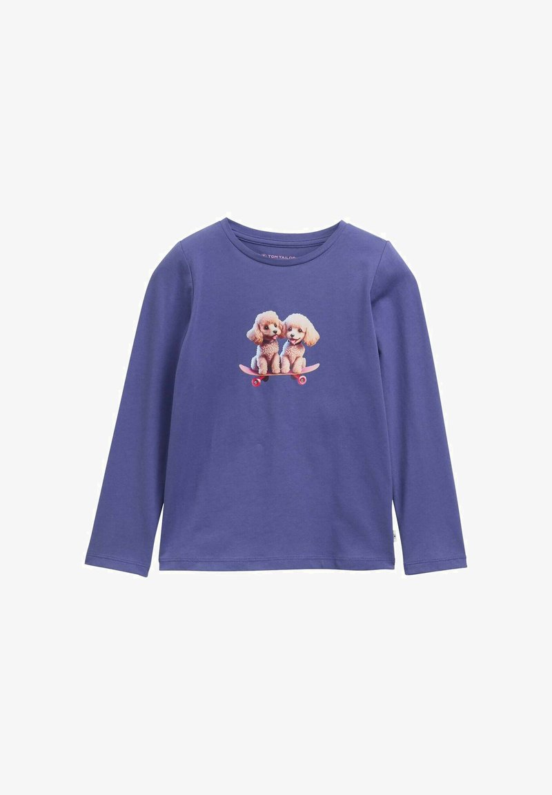 Lila Langarmshirt mit einem Grafikdesign von zwei Pudeln auf einem Skateboard. Hergestellt aus weichem Stoff mit Rundhalsausschnitt und gerippten Bündchen.