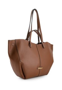 Brown leather tote bag with two sets of handles, textured surface, and "Venezia" brand label on front.