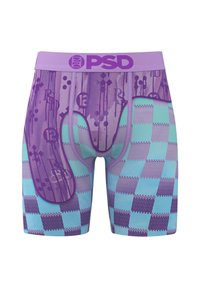 Lilla og turkise mønstrede boksershorts med en logo-linning, som har et ternet design og grafiske detaljer på stoffet.