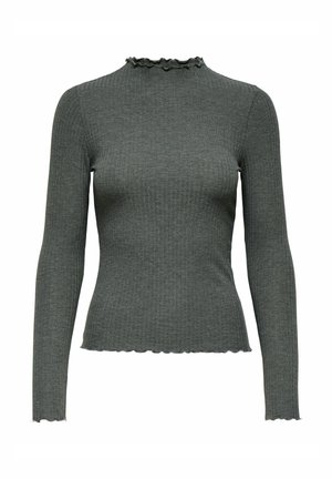 Tmavě šedý top s dlouhým rukávem a žebrovaným vzorem, s vysokým volánkovým výstřihem a vroubkovanými okraji na manžetách a lemu pro přiléhavý vzhled.