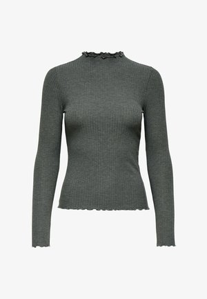 Pitkähihainen ribbimekko tummanharmaana, jossa on korkea röyhelökaulus ja aallotetut reunat hihoissa ja helman kohdalla, luoden tiukan ilmeen.