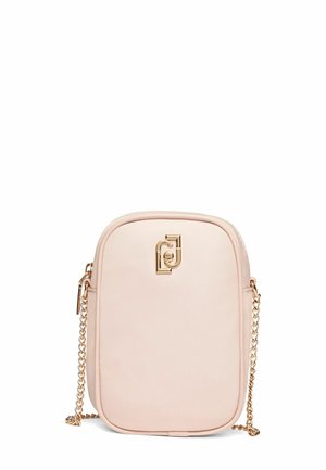 Pink crossbody bag with gold hardware, rectangular shape, smooth texture, and chain strap. Features a logo detail on the front.