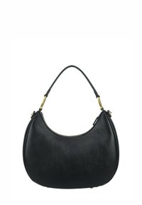 Borsa a tracolla in pelle nera con forma curva, superficie liscia, dettagli in metallo dorato e chiusura superiore con cerniera.