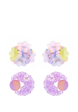 Two pairs of colorful stud earrings, one with pastel flower clusters and one with purple beaded loops and round pink centers.