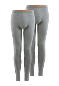 Zwei Paare graue Herren-Thermo-Leggings mit orangefarbenen „bruno banani“-Markenbund, von vorne und hinten gezeigt.