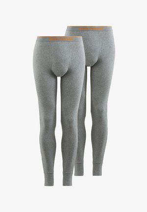 Twee paren grijze thermoleggings voor heren met oranje 'bruno banani' merkaanpassing, weergegeven van de voorkant en achterkant.