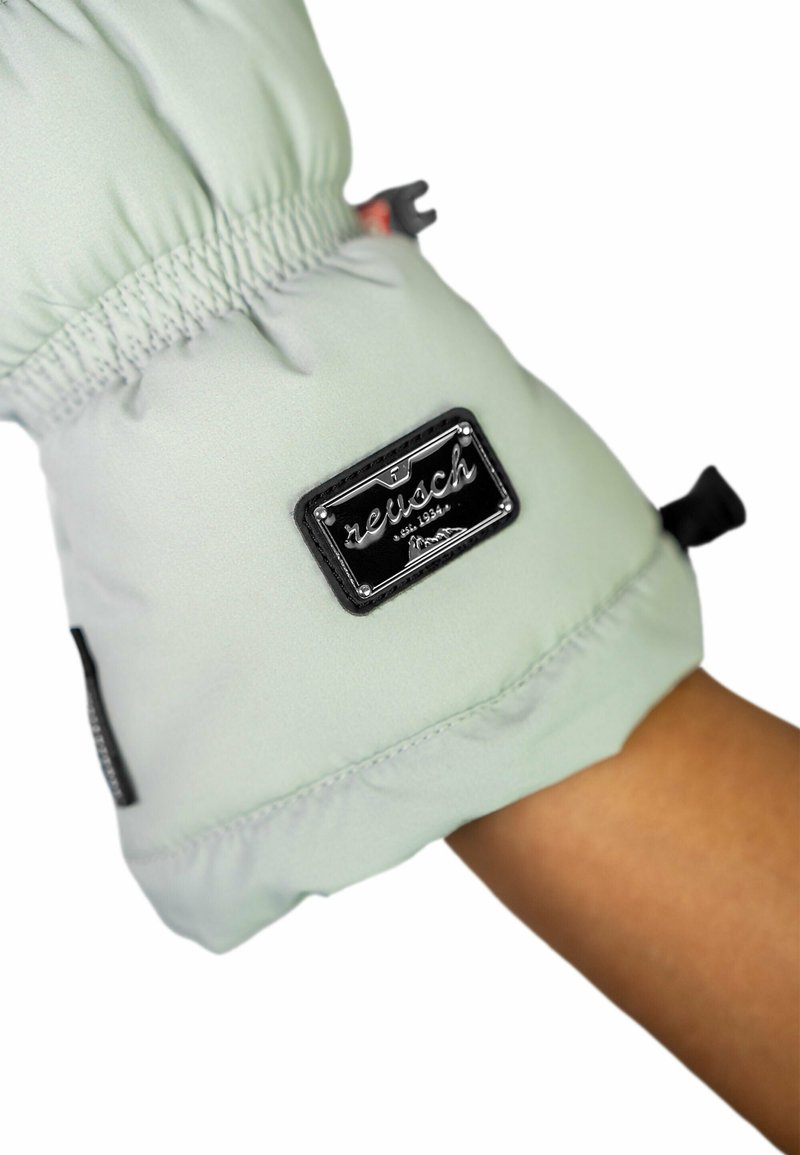 Mintgroene skihandschoen met een elastische manchet, voorzien van een zwart gemerkt label en een verstelbare strap. Glad textuur met een strakke pasvorm.