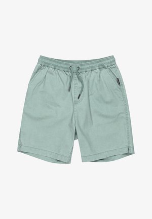 Pantalones cortos verde menta hechos de una tela ligera, con una cintura elástica y cordón ajustable, y dos bolsillos laterales.