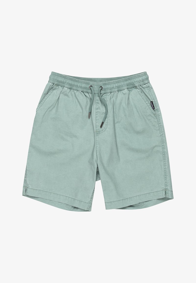Mäta zelené šortky vyrobené z ľahkej látky, s elastickým pásom a nastaviteľnou šnúrkou, a dvoma bočnými vreckami.