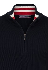 Maglione lavorato a maglia blu con colletto alto, dotato di un interno a righe rosse e bianche. Chiusura con zip e etichetta 'FELIX HARDY' sul colletto.