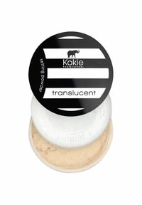 Translucent opsætningspulver i en rund, sort-hvid stribet beholder med et struktureret hvidt låg og beige pulver indeni.