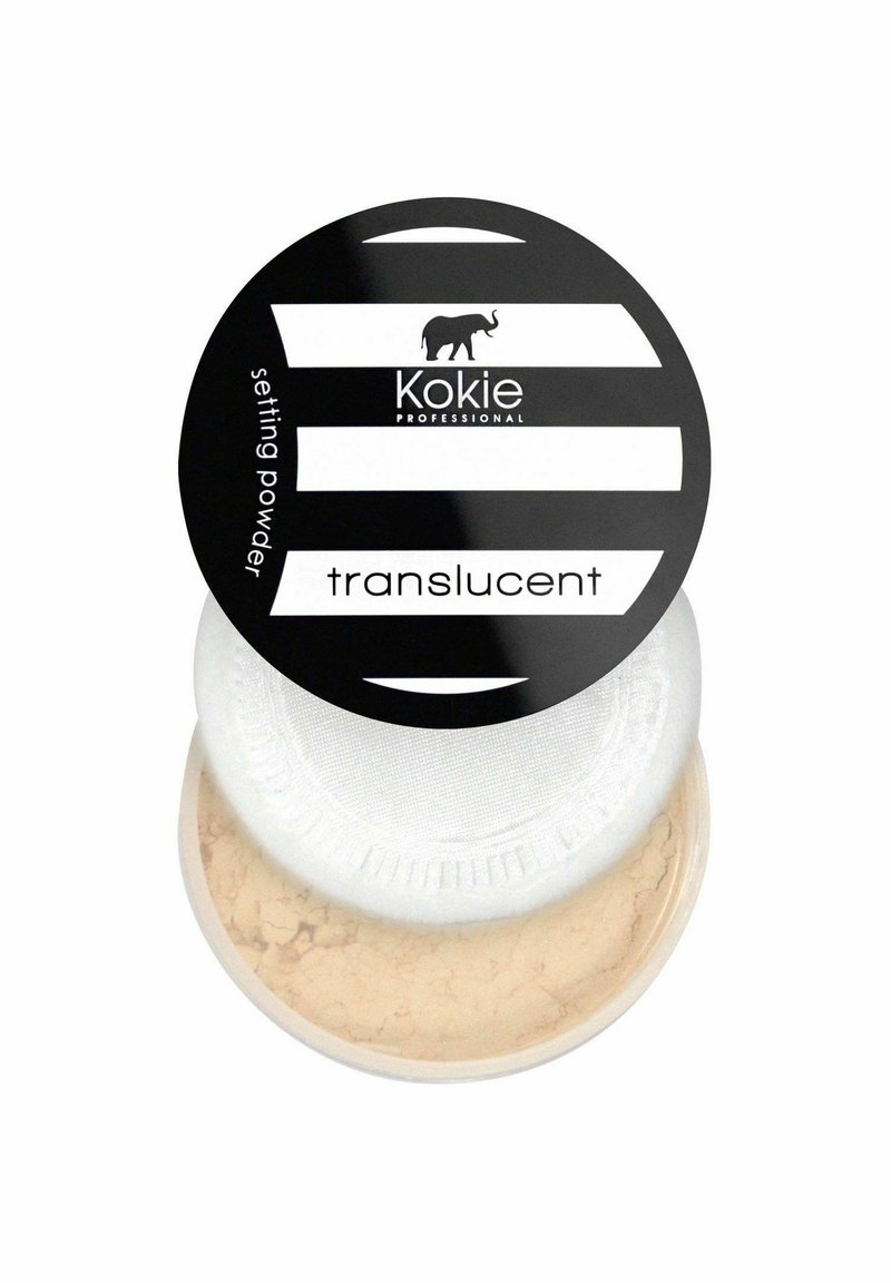 Translucent opsætningspulver i en rund, sort-hvid stribet beholder med et struktureret hvidt låg og beige pulver indeni.