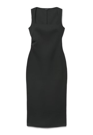 Robe midi noire sans manches, cintrée, avec encolure carrée et détail taille ajustée, présentée sur fond blanc.