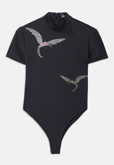 Black bodysuit with short sleeves, high neckline, and zip closure. Features decorative bird designs in crystals, with pink and gold accents.