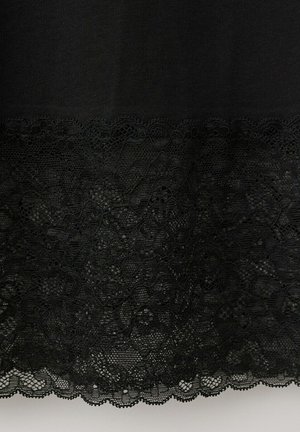 Black fabric with intricate floral lace trim featuring scalloped edges and fine netting details.