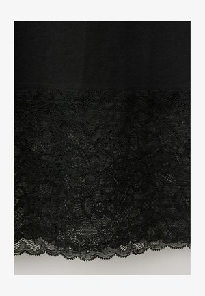 Black fabric with intricate floral lace trim featuring scalloped edges and fine netting details.