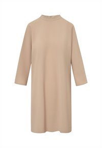 Rochie bej, până la genunchi, cu guler înalt, mâneci până la trei sferturi și un material fin, ușor. Detaliu cu fermoar la spate, fără modele.